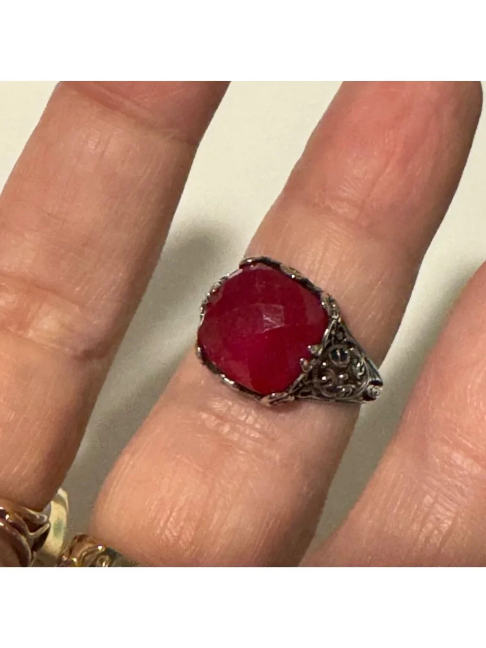 Solid Sterling Silver 925 Indian Ruby Corundum Scroll Design Ring Size 6